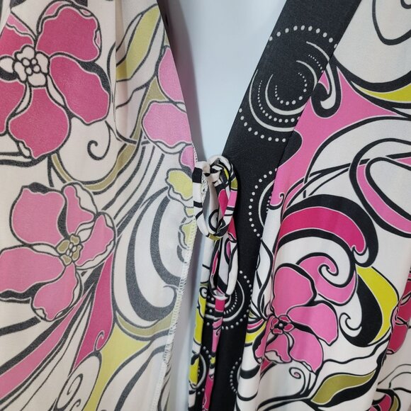 California Dynasty Dressing Gown Robe Black Pink Large XL Silky Belt Floral VTG - Picture 6 of 8